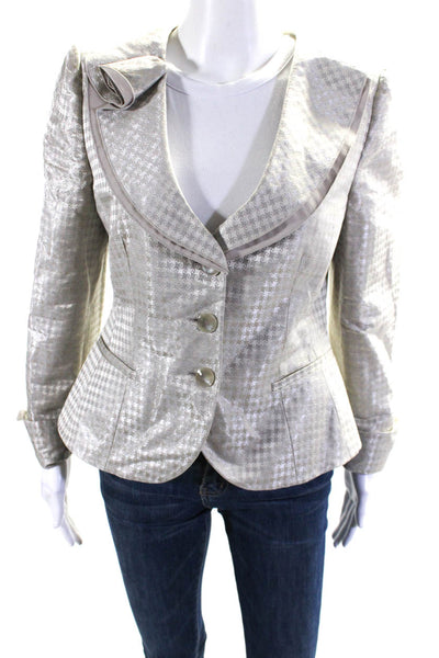 Armani Collezioni Womens Three Button Houndstooth Blazer Jacket Gray Linen 8