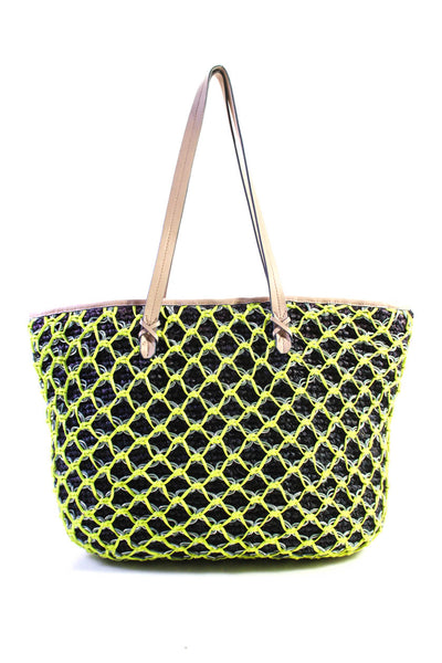 Rafe Womens Metallic Cord Net Crochet Raffia Tote Handbag Neon Yellow Navy Blue