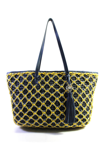 Rafe Womens Metallic Cord Net Crochet Raffia Tote Handbag Yellow Navy Blue