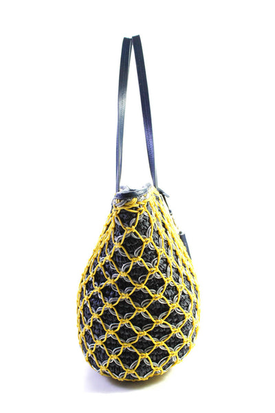 Rafe Womens Metallic Cord Net Crochet Raffia Tote Handbag Yellow Navy Blue