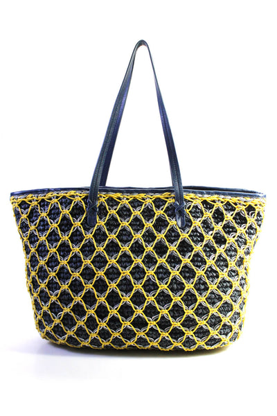 Rafe Womens Metallic Cord Net Crochet Raffia Tote Handbag Yellow Navy Blue