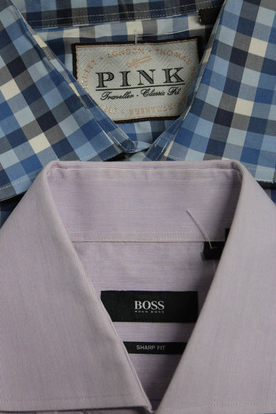 Boss Hugo Boss Thomas Pink Mens Plaid Striped Dress Shirts Blue 15 16.5 Lot 2