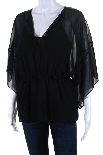 Tory Burch Womens Short Sleeve Crew Neck Sheer Silk Top Black Size 2