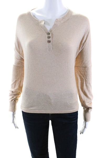 Minnie Rose Womens Ribbed Round Neck Buttoned Long Sleeve Sweater Tan Size M