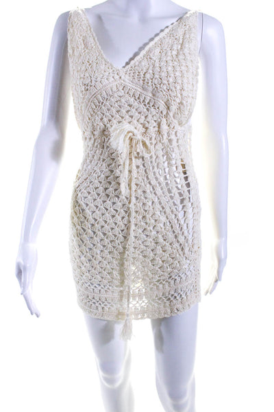 Flook Women's V-Neck Spaghetti Straps Tassel Crochet Coverup Beige Size S