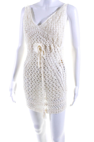 Flook Women's V-Neck Spaghetti Straps Tassel Crochet Coverup Beige Size S