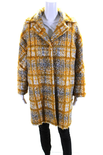 Mouche Womens Button Front Notched Lapel Knit Coat Yellow White Gray Size 8