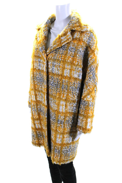 Mouche Womens Button Front Notched Lapel Knit Coat Yellow White Gray Size 8