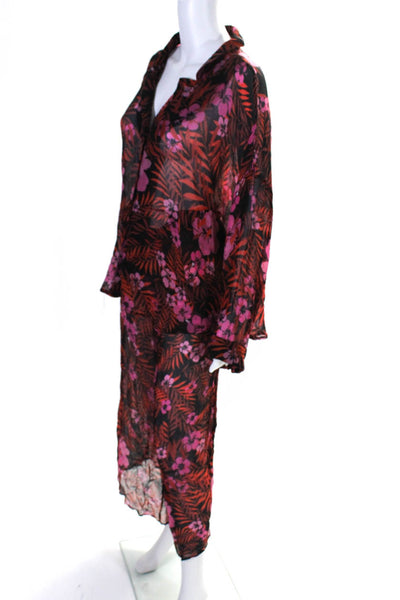 Amir Slama Womens Black Pink Silk Floral Long Sleeve Blouse Top Pants Set Size L
