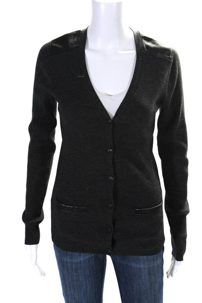 Theory Women's V-Neck Long Sleeves Leather Trim Cardigan Sweater Gray Size L