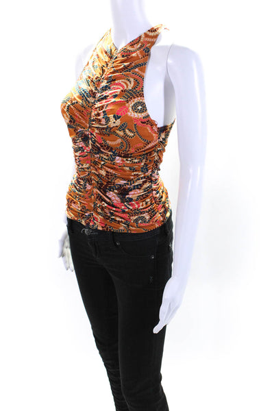 ALC Womens Abstract Print Gathered High Neck Tank Blouse Orange Size M