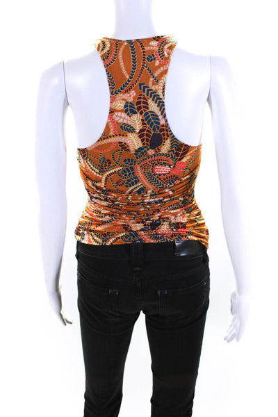 ALC Womens Abstract Print Gathered High Neck Tank Blouse Orange Size M