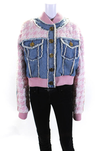 Balmain Womens Denim Houndstooth Tweed Bomber Jacket Pink Blue Size 44