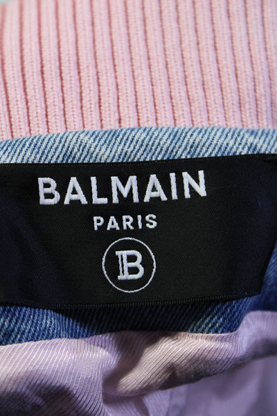 Balmain Womens Denim Houndstooth Tweed Bomber Jacket Pink Blue Size 44