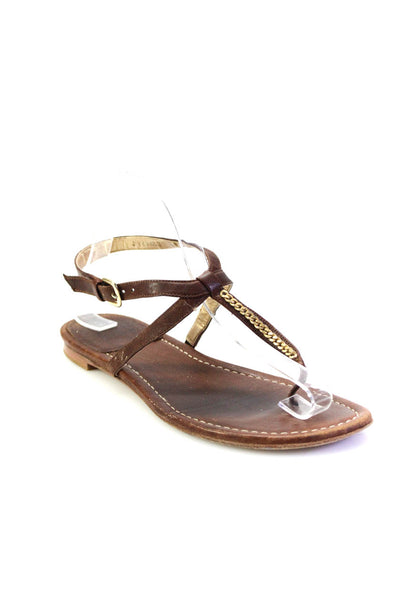 Stuart Weitzman Womens Brown Chain Detail T-Strap Flat Sandals Shoes Size 8