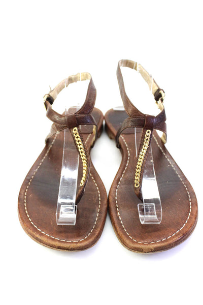 Stuart Weitzman Womens Brown Chain Detail T-Strap Flat Sandals Shoes Size 8