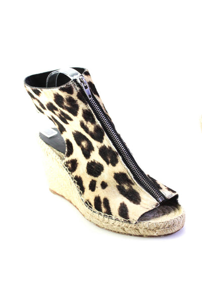 Celine Womens Leopard Print Pony Hair Espadrille Wedge Sandals Brown Size 41 11