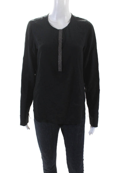 Go Silk Womens Solid Black Silk Henley Long Sleeve Blouse Top Size XS