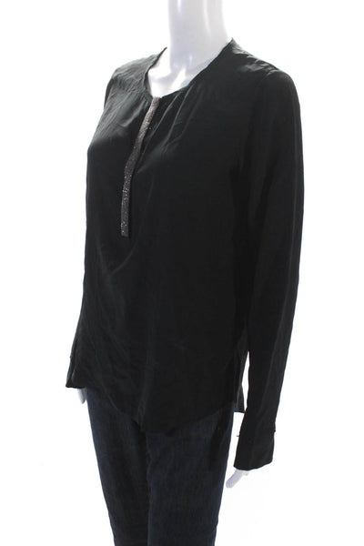 Go Silk Womens Solid Black Silk Henley Long Sleeve Blouse Top Size XS