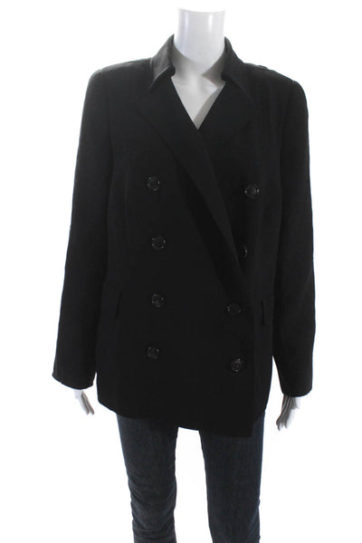 Akris Womens Solid Black Wool Double Breasted Long Sleeve Jacket Size 14