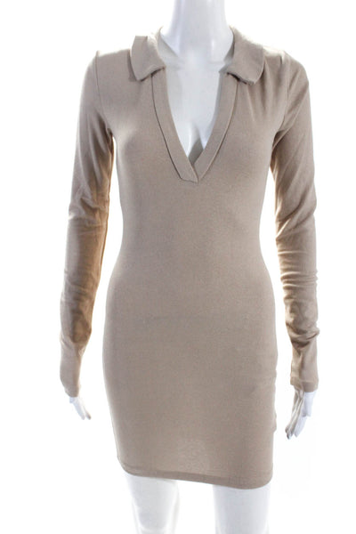 Lioness Women's Collared V-Neck Long Sleeves Knit Mini Dress Taupe Size XS