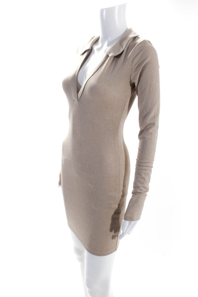 Lioness Women's Collared V-Neck Long Sleeves Knit Mini Dress Taupe Size XS