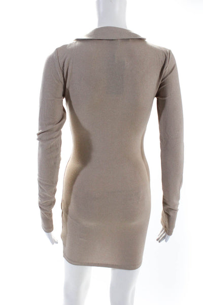 Lioness Women's Collared V-Neck Long Sleeves Knit Mini Dress Taupe Size XS