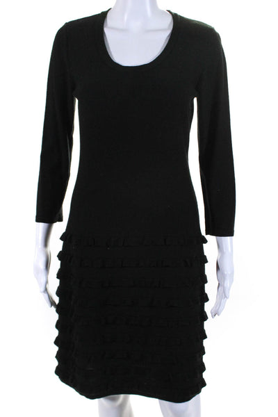 Calvin Klein Womens Long Sleeve Scoop Neck Tiered Ruffled Knit Dress Black Small