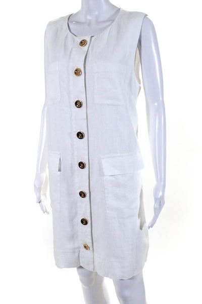 J Crew Women's Round Neck Sleeveless Button Down A-Line Linen Dress White Size L