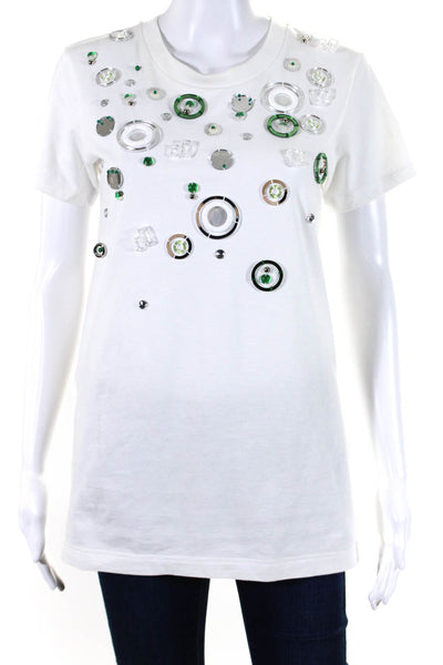 Miu Miu Womens Short Sleeve Crew Neck Embellished Tee Shirt White Cotton Medium