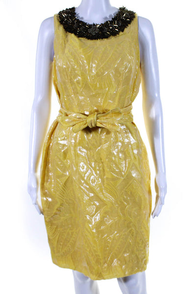 Monique Lhuillier Womens Embellished Crew Neck Silk Sheath Dress Yellow Size 10