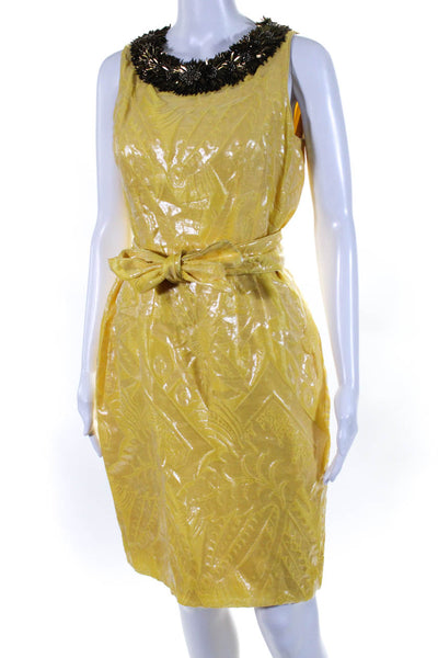 Monique Lhuillier Womens Embellished Crew Neck Silk Sheath Dress Yellow Size 10