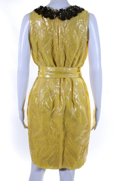 Monique Lhuillier Womens Embellished Crew Neck Silk Sheath Dress Yellow Size 10