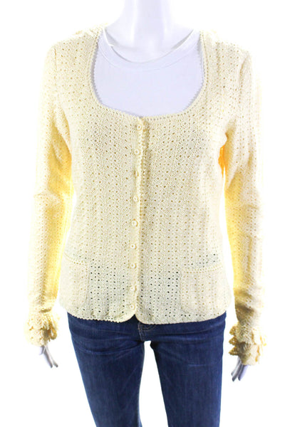 Oscar de la Renta Womens Button Front Open Knit Cardigan Sweater Yellow Large