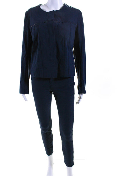 Elaine Kim Womens Button Front Crew Neck Knit Jacket Pants Set Navy Blue Medium