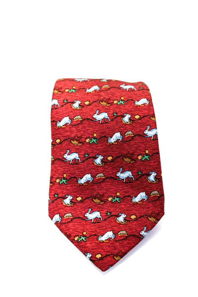 Hermes Mens Silk Bunny Rabbit Graphic Print Classic Length Neck Tie Red Size OS