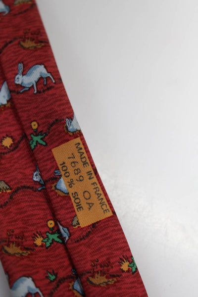 Hermes Mens Silk Bunny Rabbit Graphic Print Classic Length Neck Tie Red Size OS