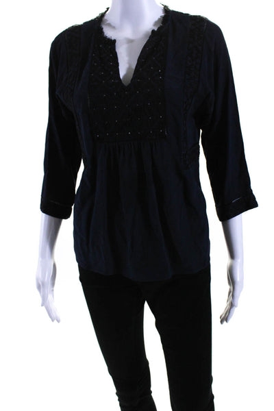 Rebecca Taylor Womens Embroidered Beaded Textured Long Sleeve Top Navy Size 0