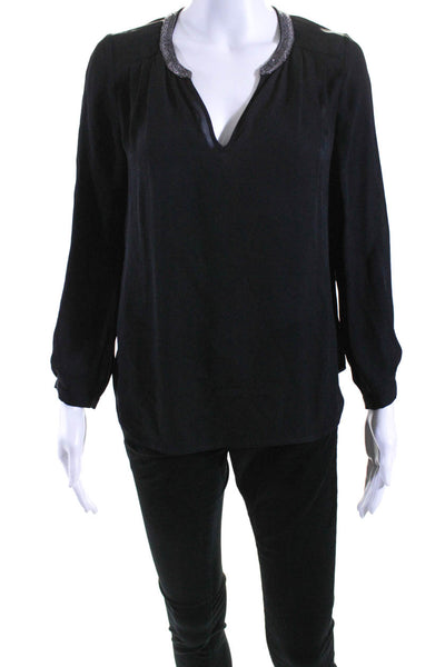 Joie Womens V-Neck Beaded Collared Bishop Long Sleeve Blouse Top Black Size XS