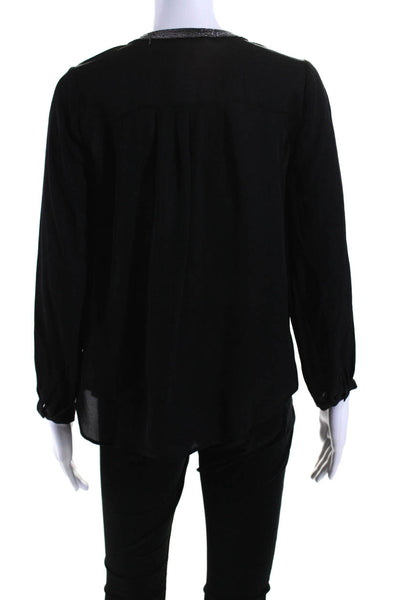 Joie Womens V-Neck Beaded Collared Bishop Long Sleeve Blouse Top Black Size XS