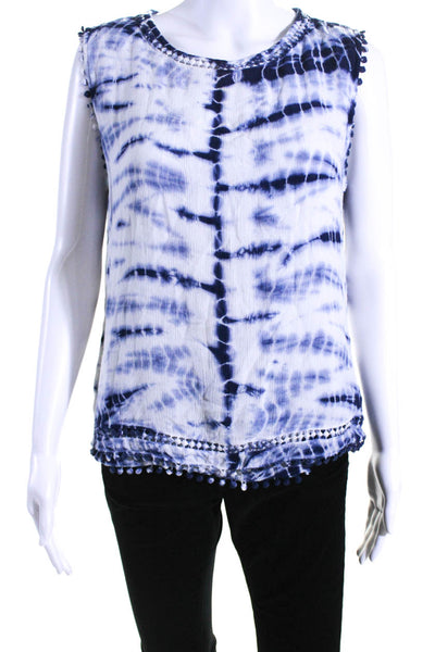 Generation Love Womens Tie Dye Print Hook & Loop Pom Pom Trimmed Top Blue Size S