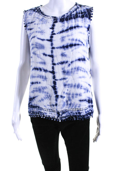 Generation Love Womens Tie Dye Print Hook & Loop Pom Pom Trimmed Top Blue Size S