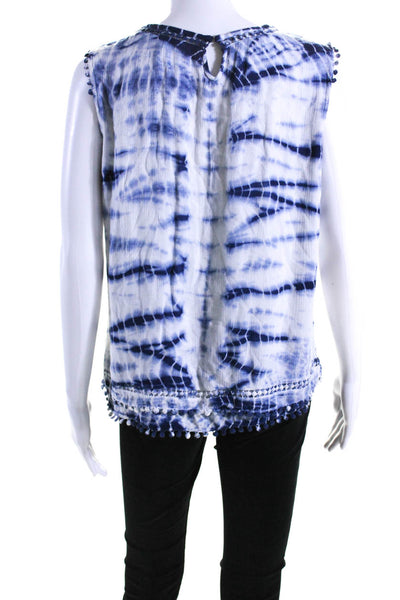 Generation Love Womens Tie Dye Print Hook & Loop Pom Pom Trimmed Top Blue Size S