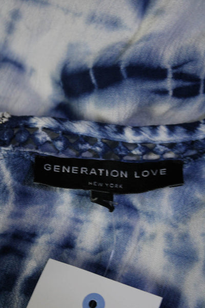 Generation Love Womens Tie Dye Print Hook & Loop Pom Pom Trimmed Top Blue Size S