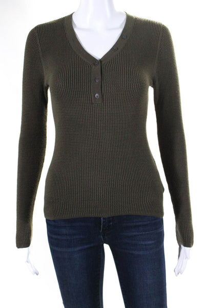 Margaret OLeary Womens Long Sleeve Thermal Knit Henley V Neck Top Green Small