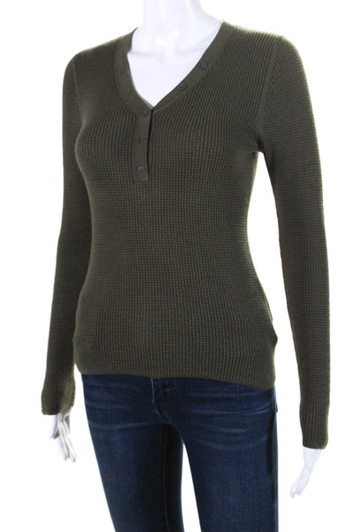 Margaret OLeary Womens Long Sleeve Thermal Knit Henley V Neck Top Green Small