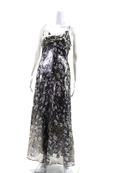 Ganni Womens Silk Abstract Print Spaghetti Strap Maxi Dress Silver Size EUR 32