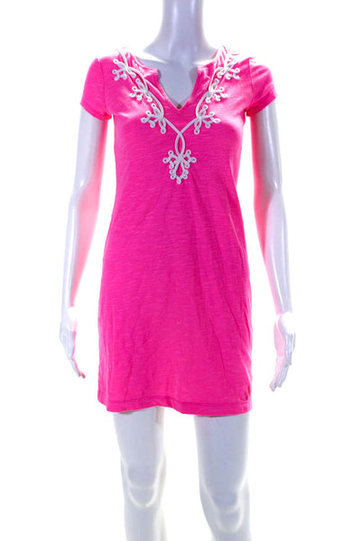 Lilly Pulitzer Womens Embroidered Y Neck Short Sleeve Sheath Dress Hot Pink XXS