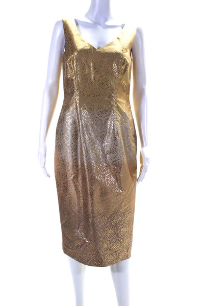 Escada Womens Metallic Jacquard Sleeveless V Neck Sheath Dress Gold Size EU 36