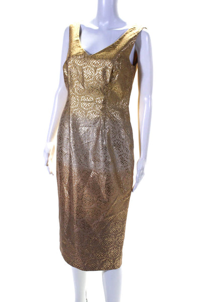 Escada Womens Metallic Jacquard Sleeveless V Neck Sheath Dress Gold Size EU 36